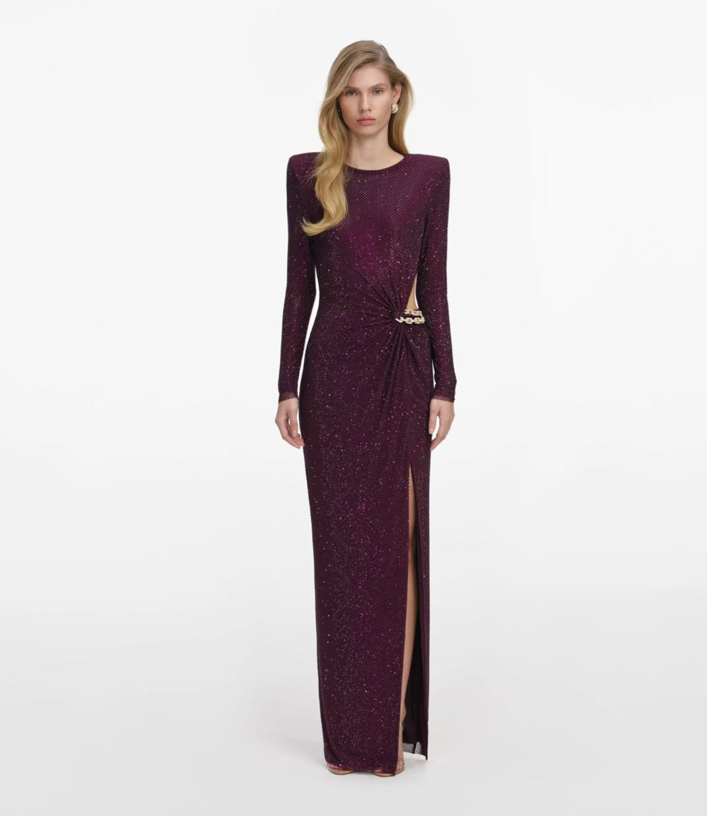 Self-Portrait Burgundy Rhinestone Embellished Maxi Dress